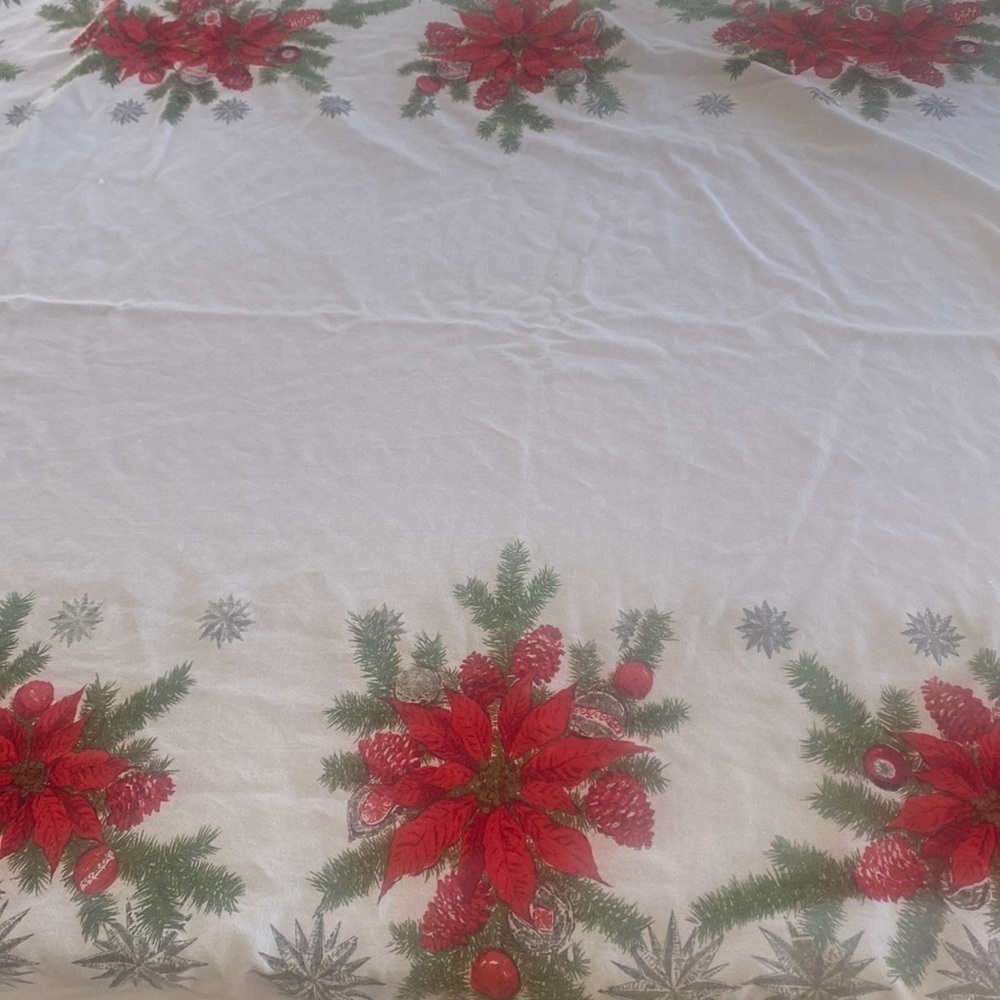 Vintage, cotton, poinsettia Christmas  print tablecloth